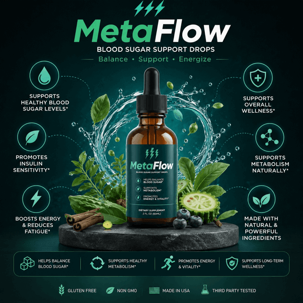 MetaFlow natural blood sugar supplement — 6 plant-based herbs for glucose support, energy, and metabolic health